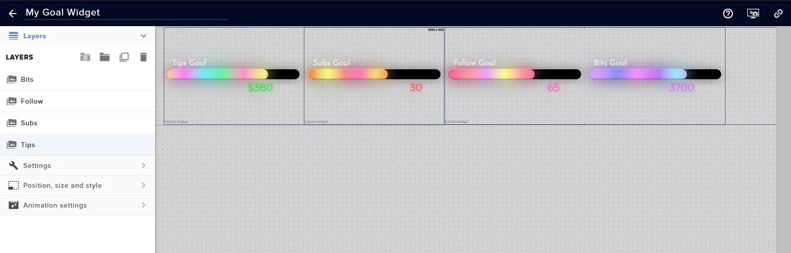 Four goal bars arranged side by side in the StreamElements editor.