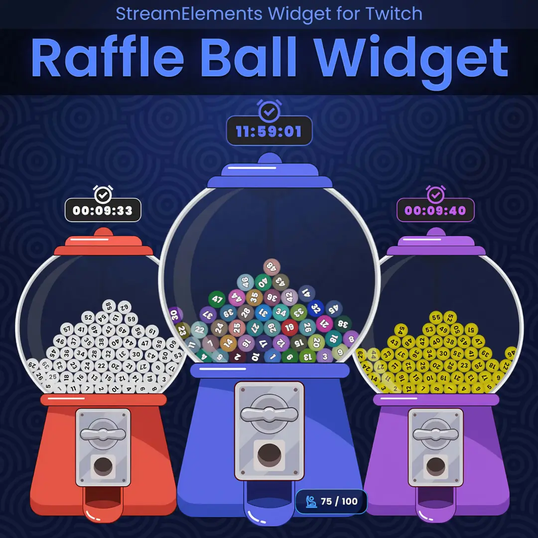 Raffle Ball Widget with three customizable raffle machines, numbered balls, timers, and an entry counter