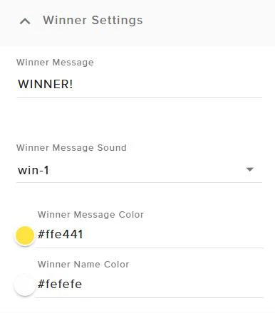 Winner message title, sound, message color, and winner name color settings
