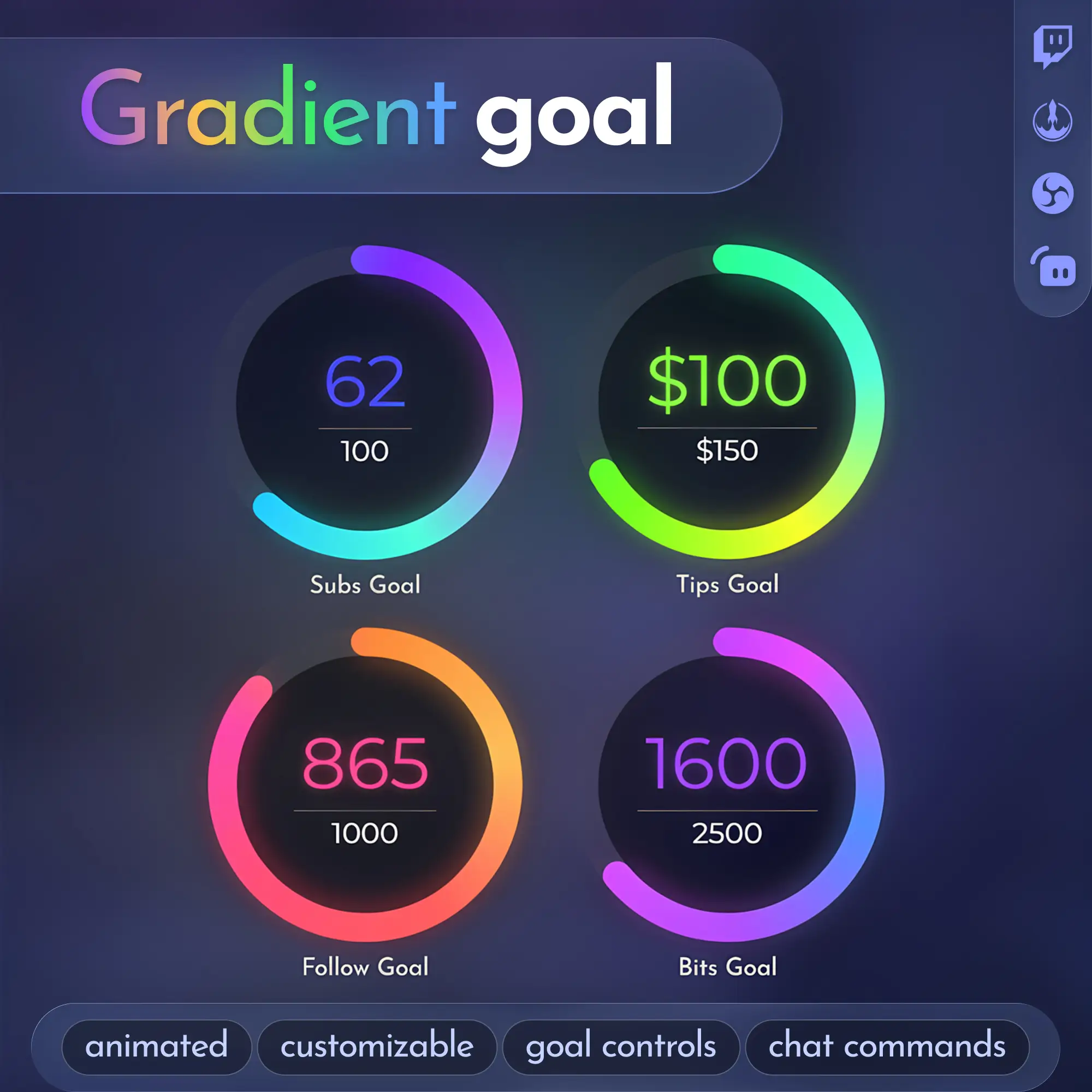 Rainbow Circular Goal Widget showing colorful circular follow, tip, bits, and subscriber goals