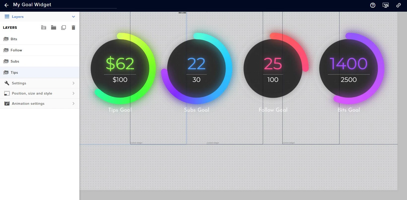 Four circular goals arranged side by side in the original StreamElements editor.