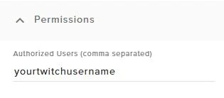 Permissions settings with an authorized Twitch username.